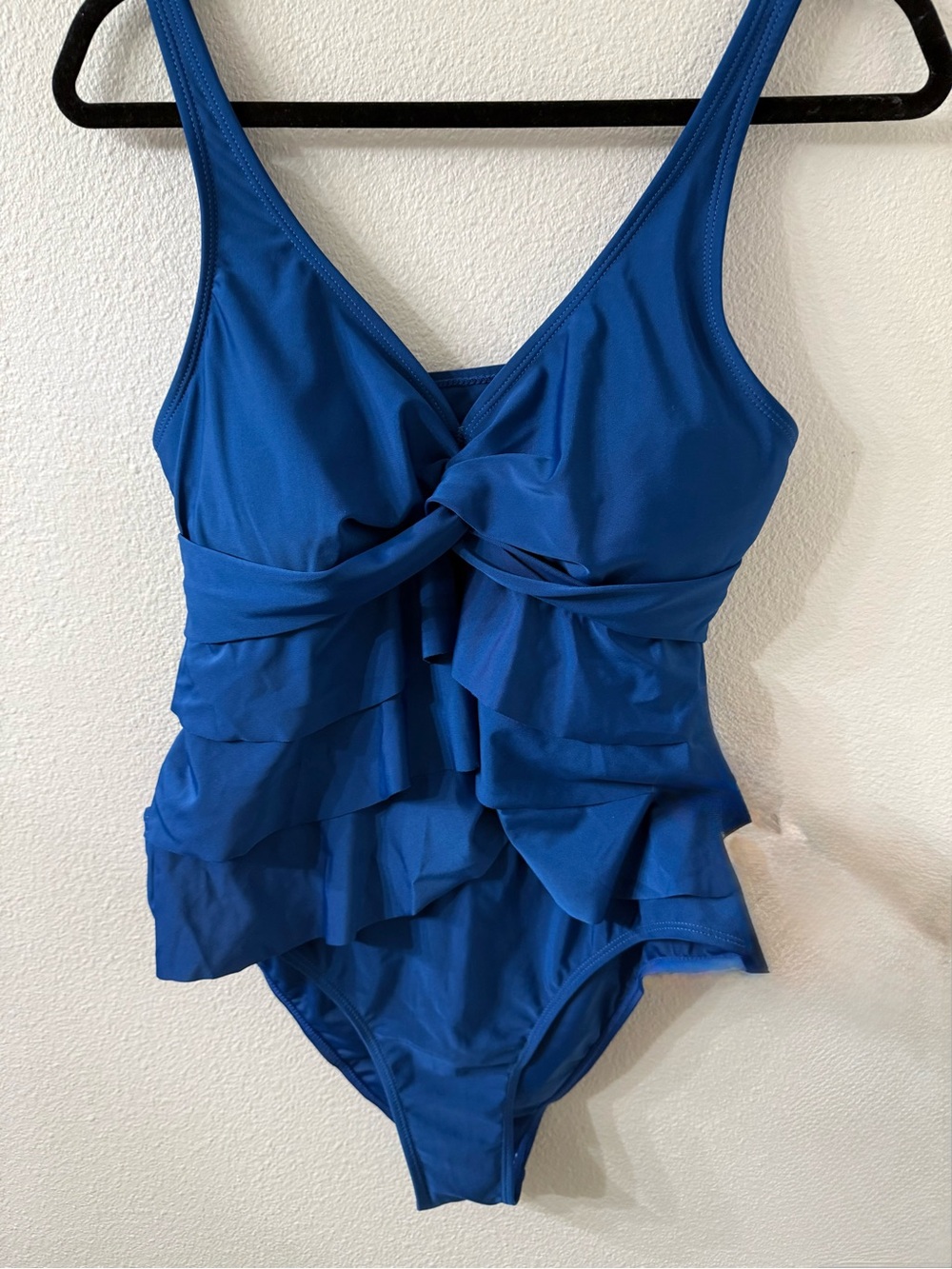 Blue Twist Front Tankini Set High Waist Ruffle Two Piece Swimsuit, Large